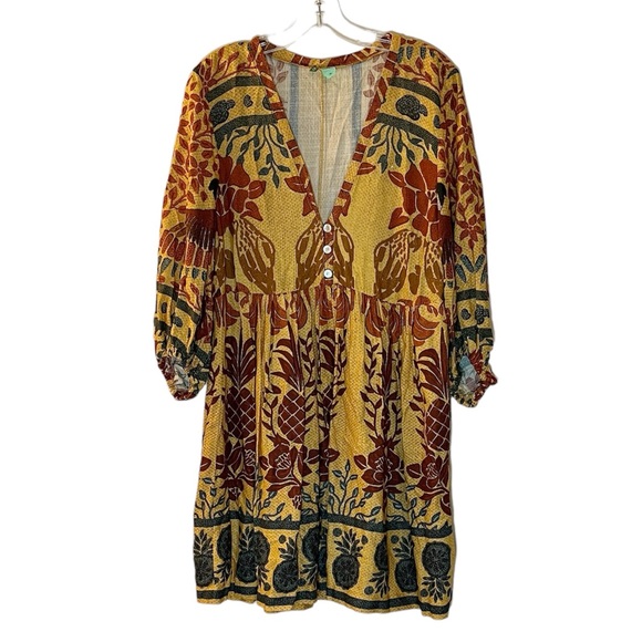 FARM Rio Dresses & Skirts - FARM Rio Yellow Floral Print Mini Dress with Rust and Teal Accents